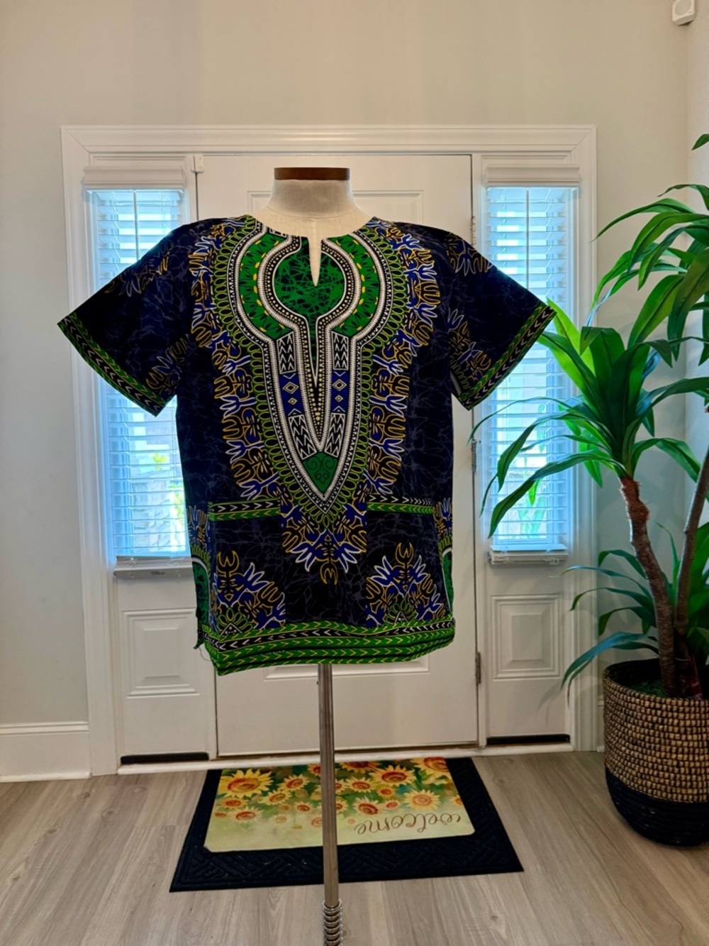 Men Black and Green African Print Dashiki Top